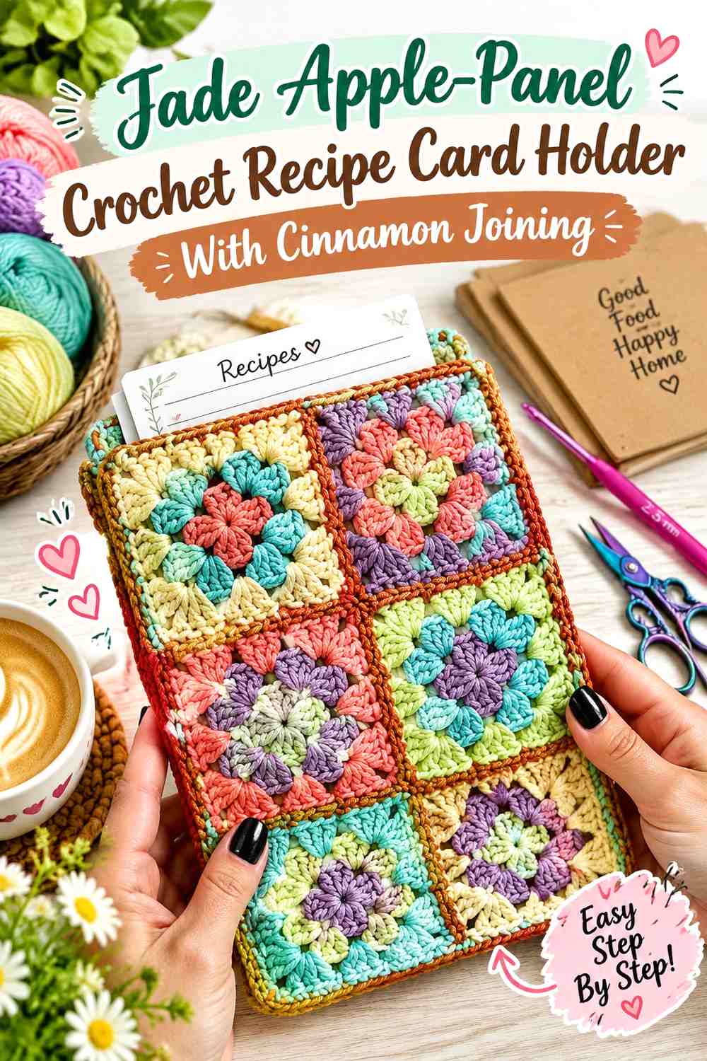 Jade Apple-Panel Crochet Recipe Card Holder With Cinnamon Joining