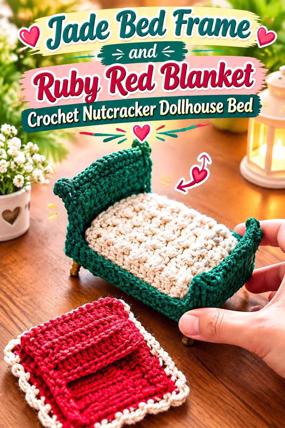 Jade Bed Frame and Ruby Red Blanket Crochet Nutcracker Dollhouse Bed