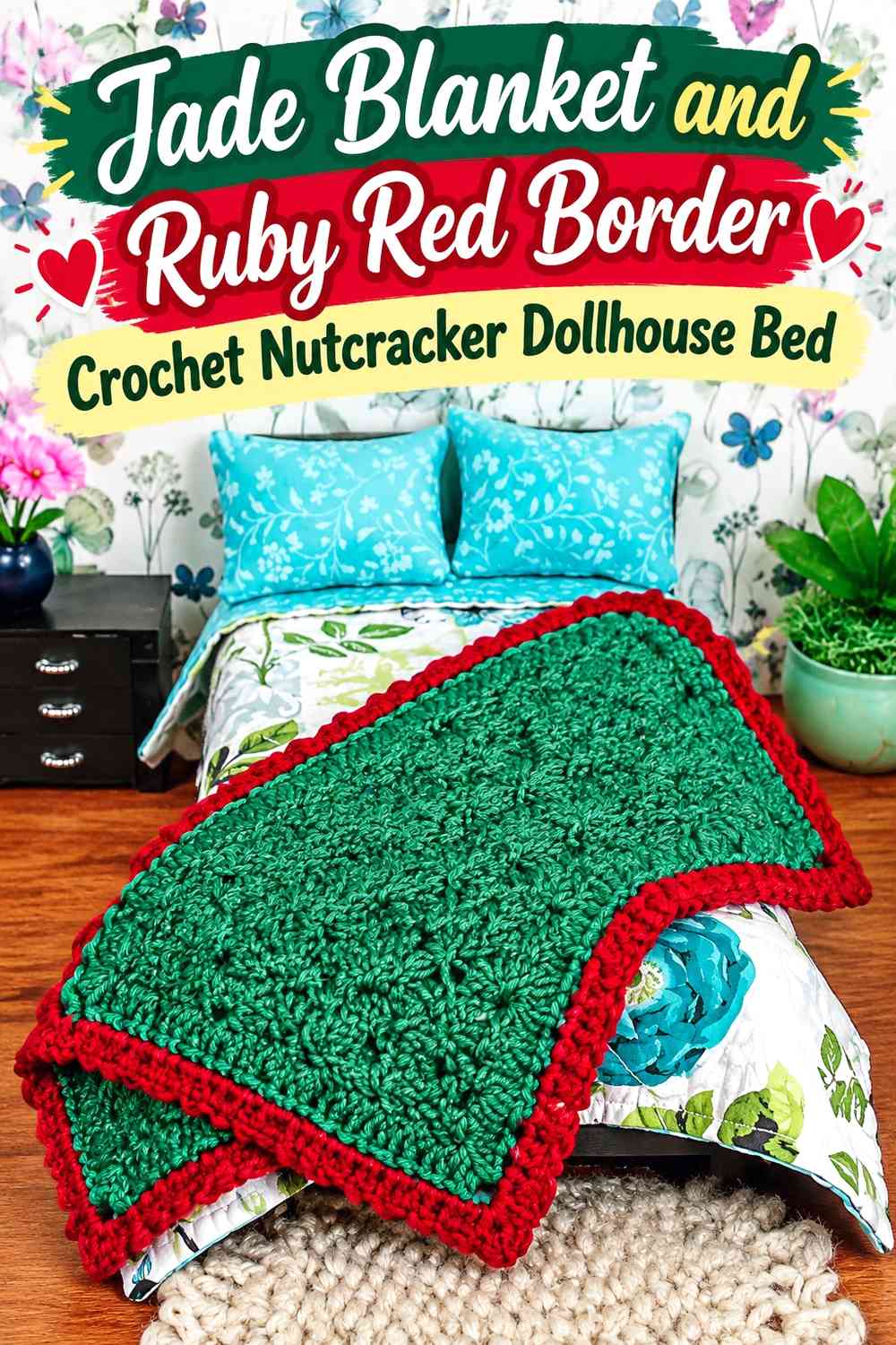 Jade Blanket and Ruby Red Border Crochet Nutcracker Dollhouse Bed