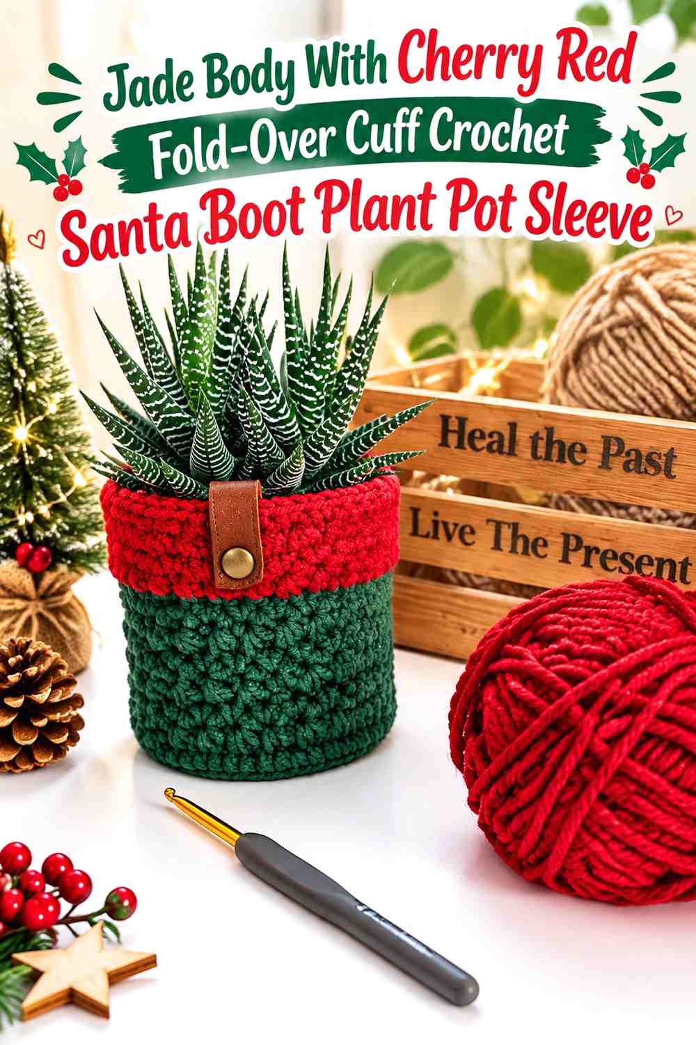 Jade Body With Cherry Red Fold-Over Cuff Crochet Santa Boot Plant Pot Sleeve
