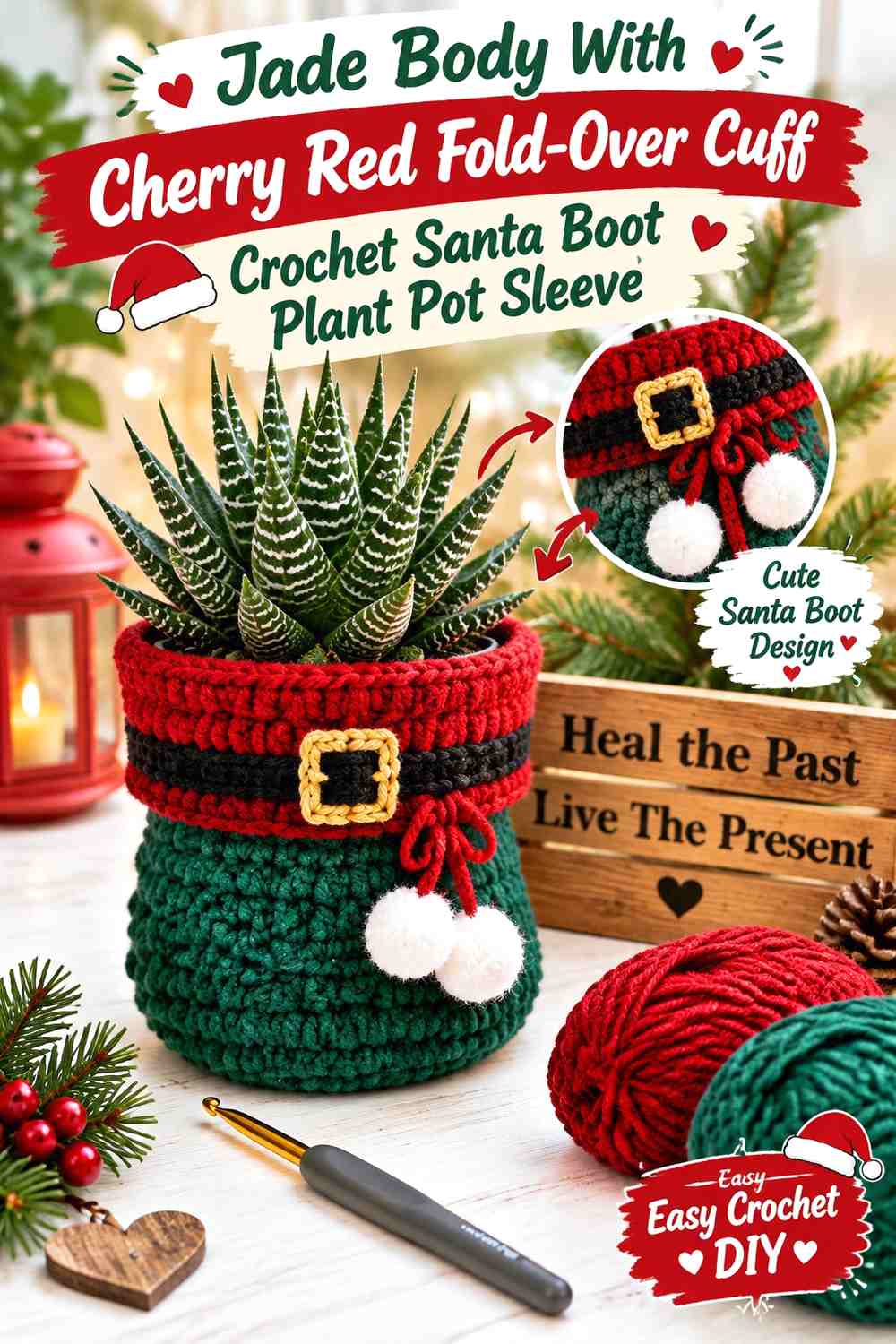 Jade Body With Cherry Red Fold-Over Cuff Crochet Santa Boot Plant Pot Sleeve