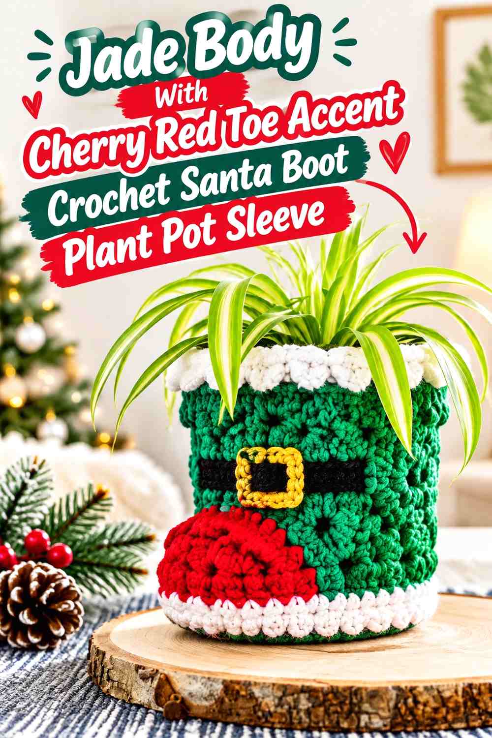 Jade Body With Cherry Red Toe Accent Crochet Santa Boot Plant Pot Sleeve