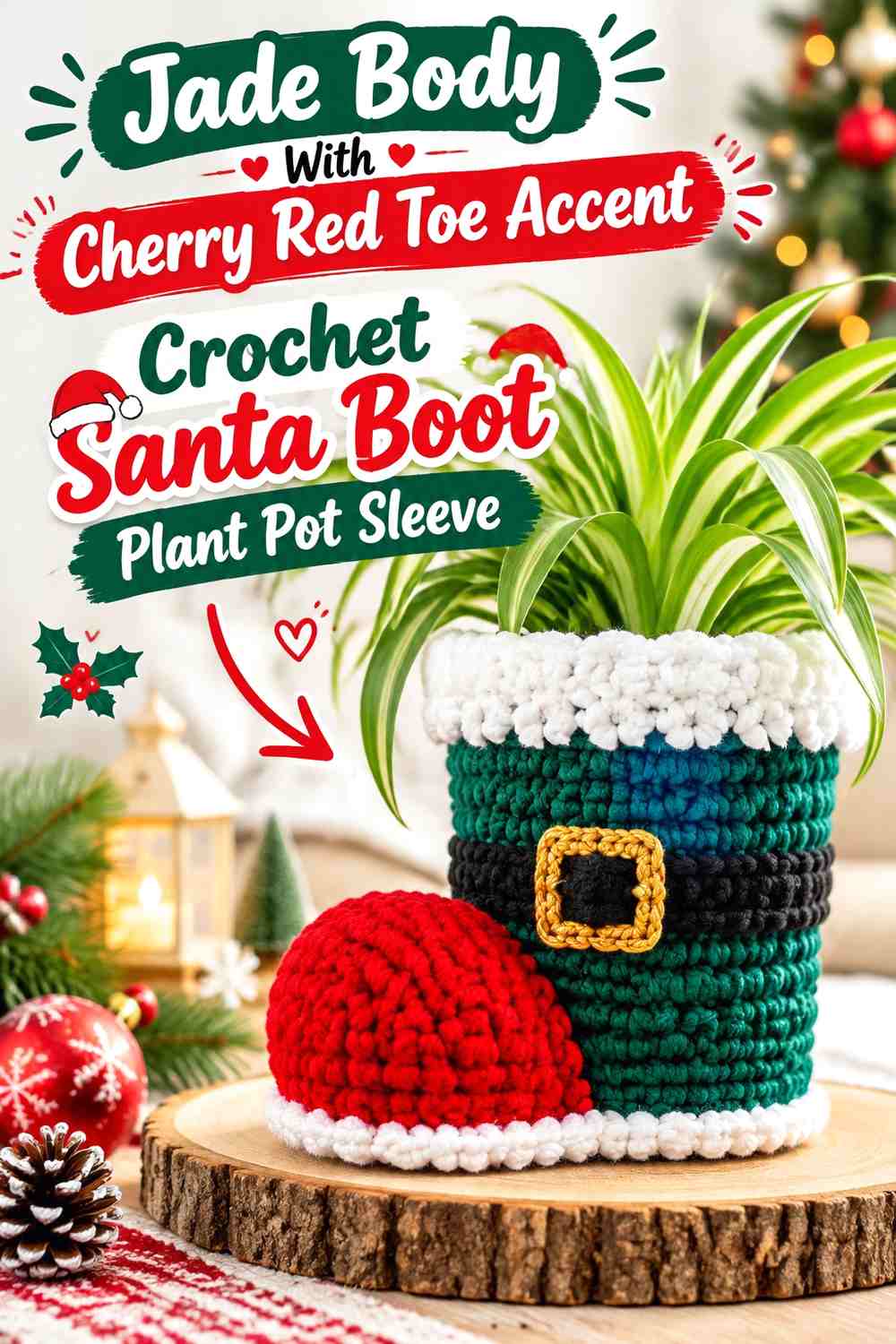 Jade Body With Cherry Red Toe Accent Crochet Santa Boot Plant Pot Sleeve