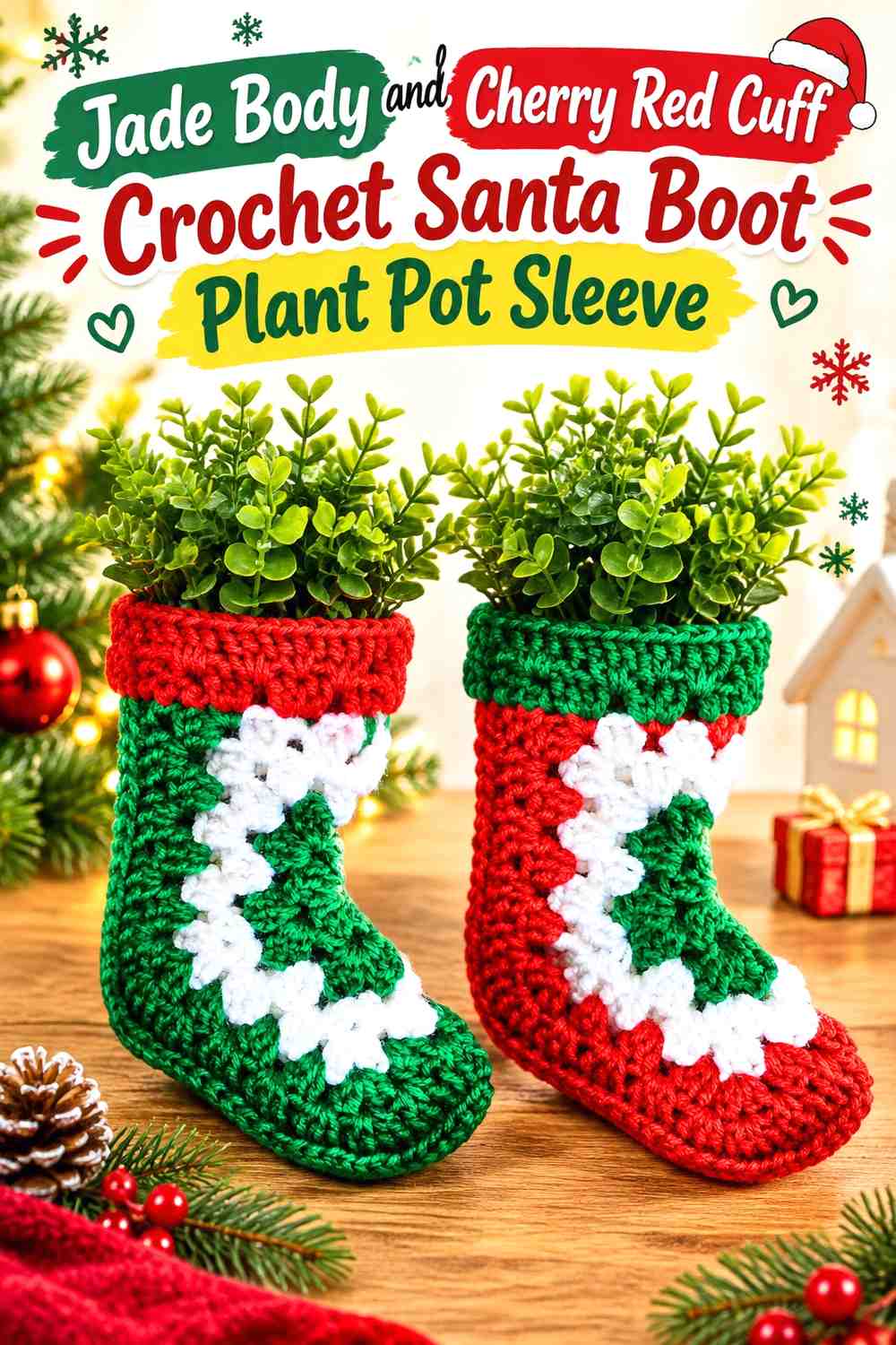 Jade Body and Cherry Red Cuff Crochet Santa Boot Plant Pot Sleeve