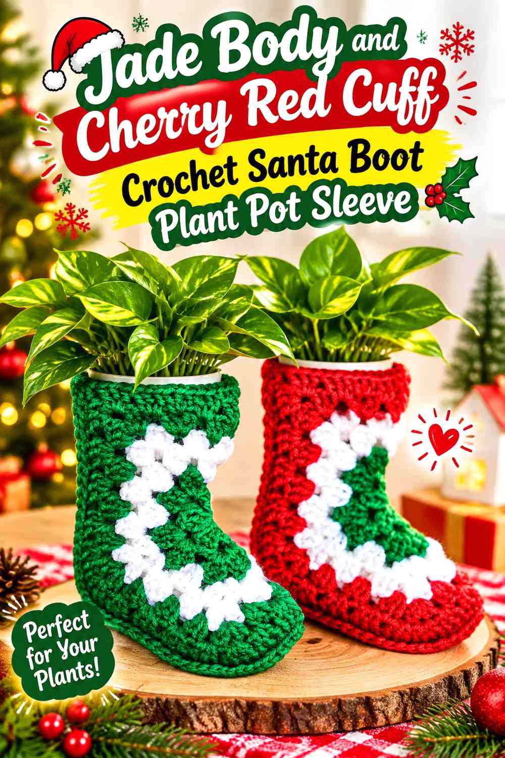 Jade Body and Cherry Red Cuff Crochet Santa Boot Plant Pot Sleeve