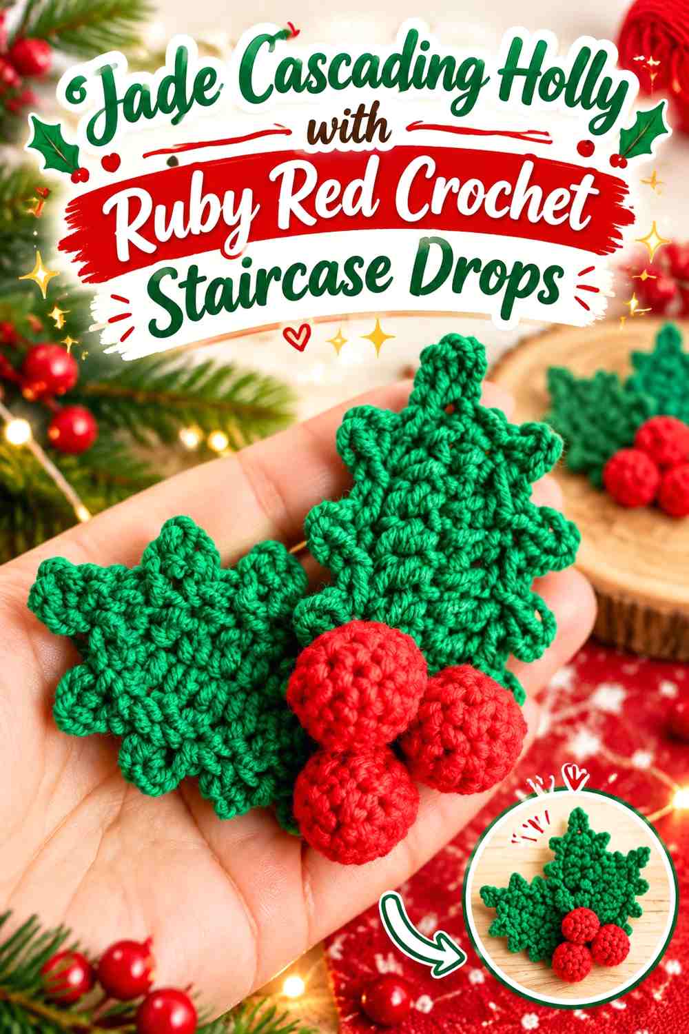 Jade Cascading Holly with Ruby Red Crochet Staircase Drops