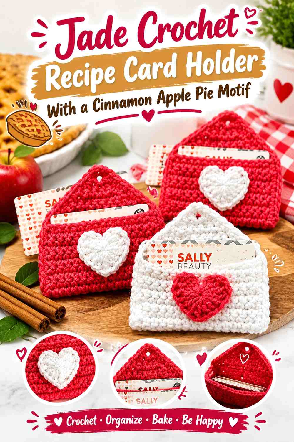 Jade Crochet Recipe Card Holder With a Cinnamon Apple Pie Motif