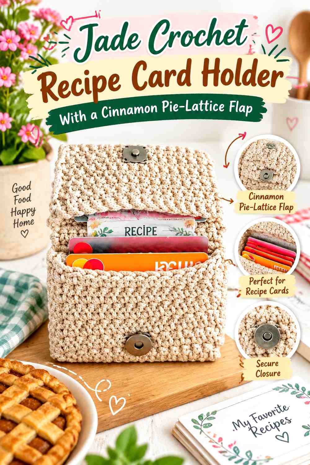 Jade Crochet Recipe Card Holder With a Cinnamon Pie-Lattice Flap
