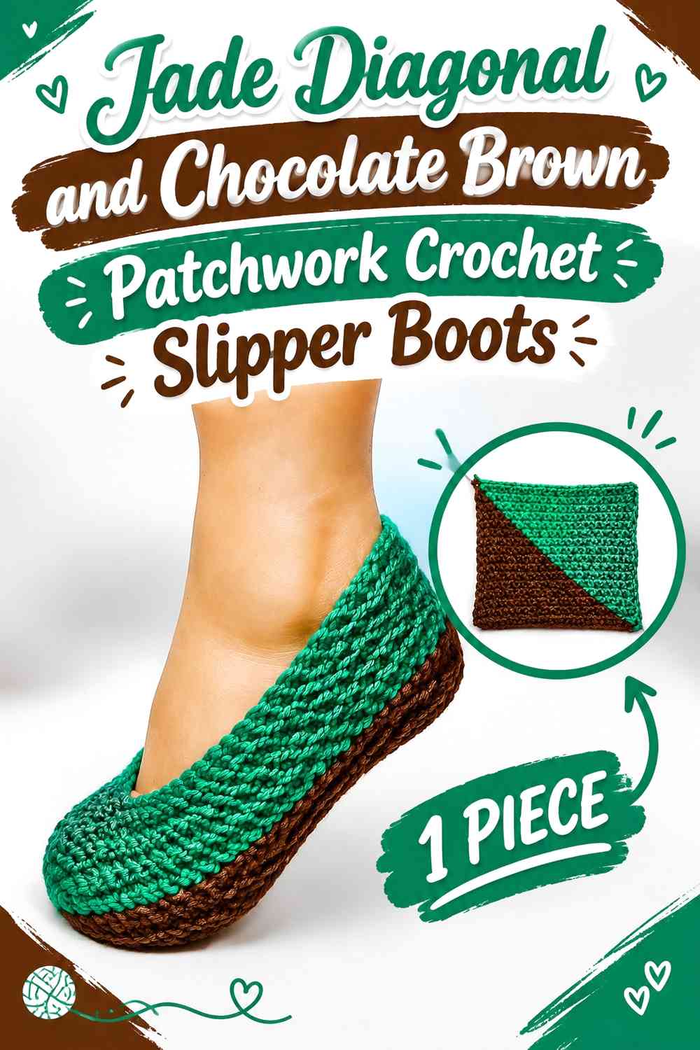 Jade Diagonal and Chocolate Brown Patchwork Crochet Slipper Boots