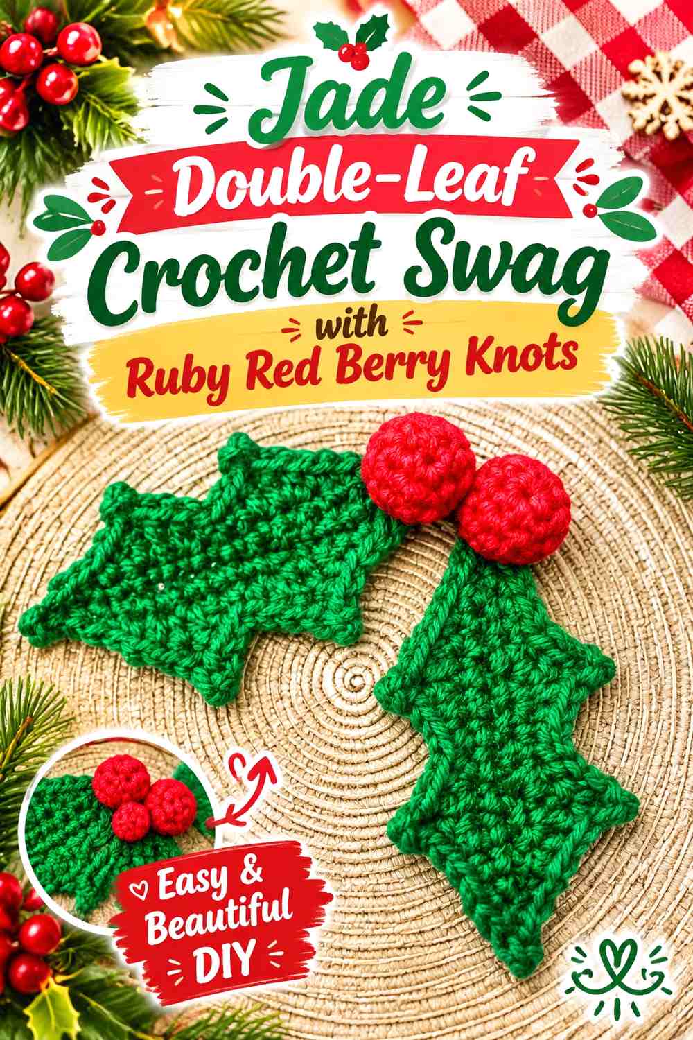 Jade Double-Leaf Crochet Swag with Ruby Red Berry Knots