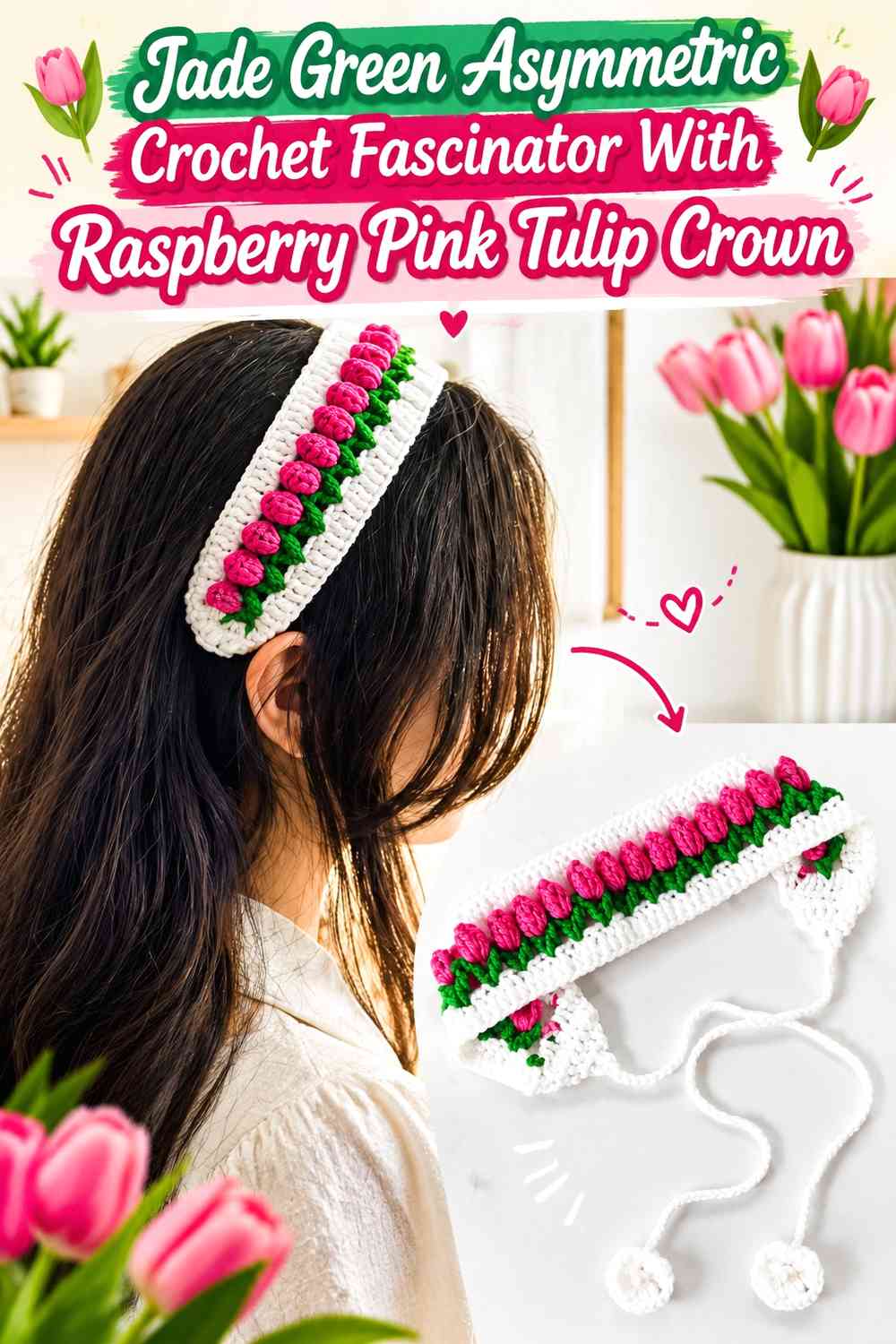 Jade Green Asymmetric Crochet Fascinator With Raspberry Pink Tulip Crown