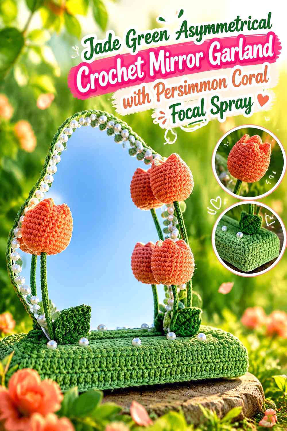 Jade Green Asymmetrical Crochet Mirror Garland with Persimmon Coral Focal Spray