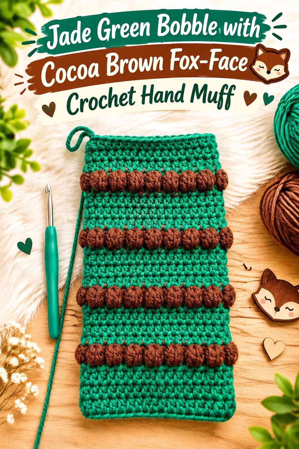 Jade Green Bobble with Cocoa Brown Fox-Face Crochet Hand Muff