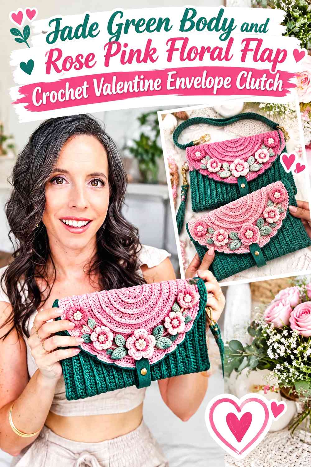 Jade Green Body and Rose Pink Floral Flap Crochet Valentine Envelope Clutch