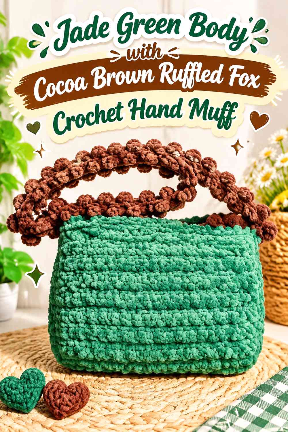 Jade Green Body with Cocoa Brown Ruffled Fox Crochet Hand Muff