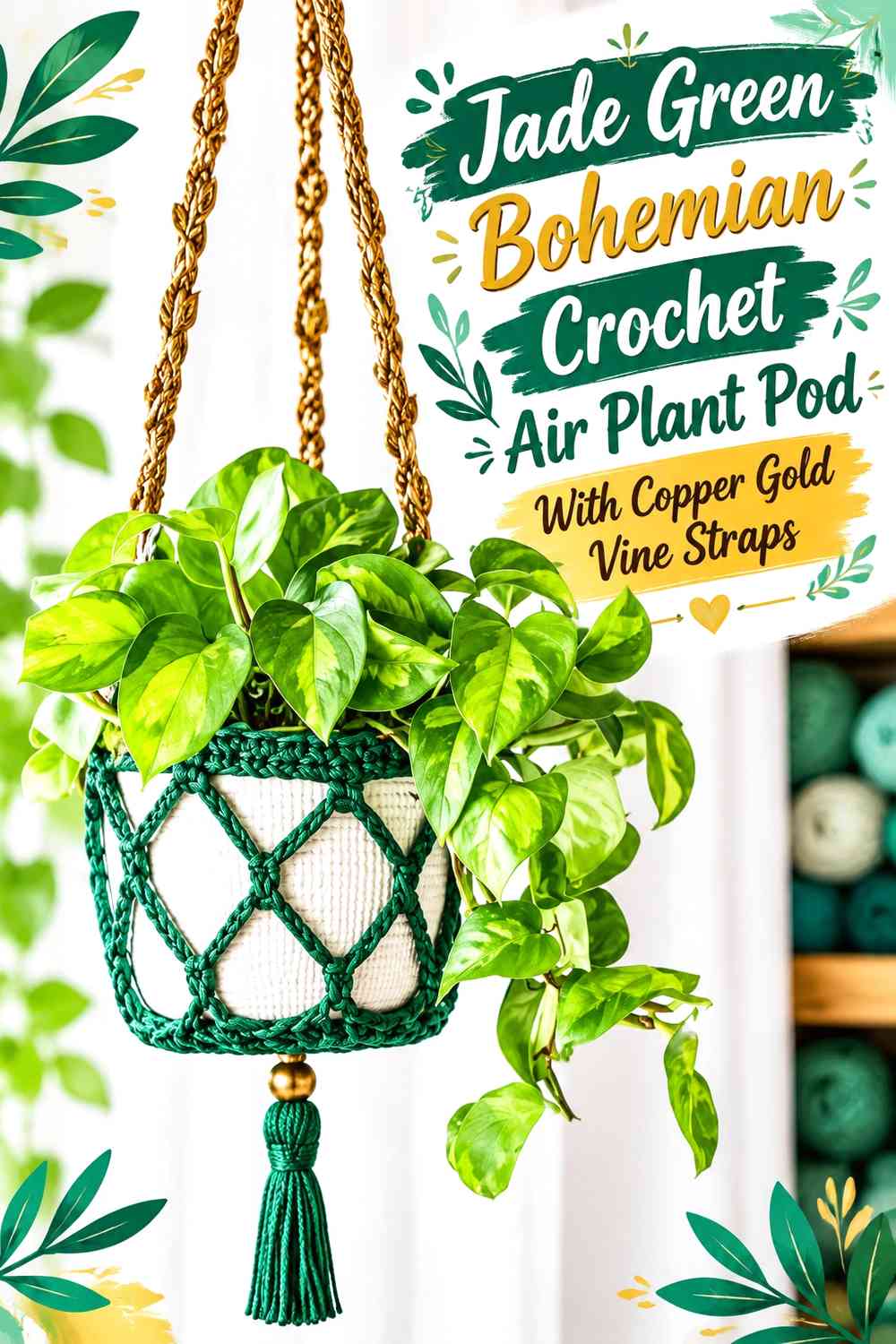 Jade Green Bohemian Crochet Air Plant Pod With Copper Gold Vine Straps