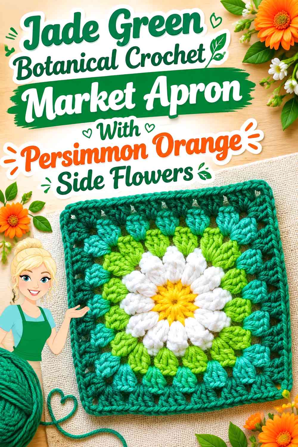 Jade Green Botanical Crochet Market Apron With Persimmon Orange Side Flowers