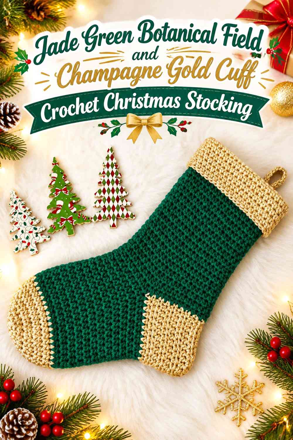 Jade Green Botanical Field and Champagne Gold Cuff Crochet Christmas Stocking
