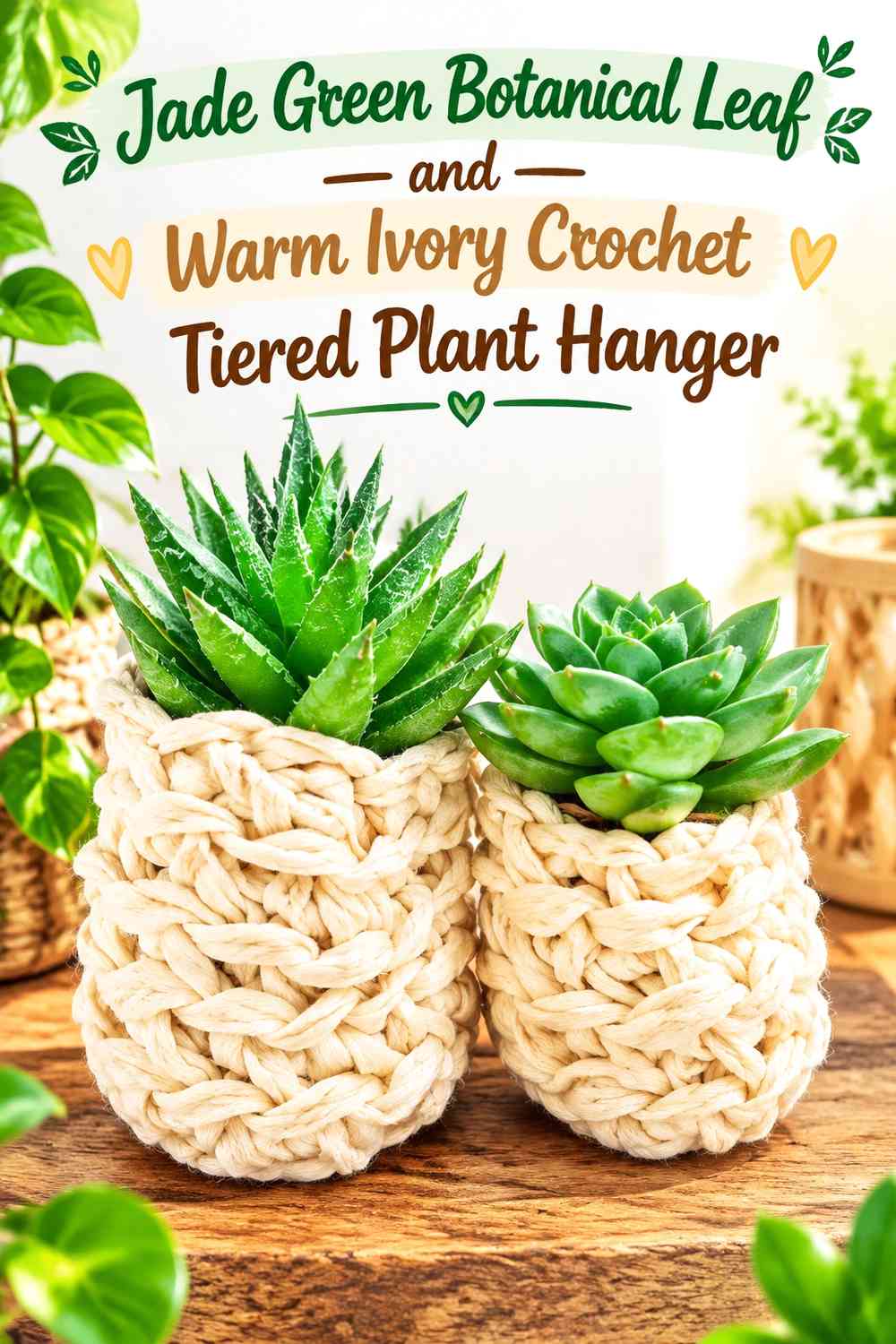 Jade Green Botanical Leaf and Warm Ivory Crochet Tiered Plant Hanger