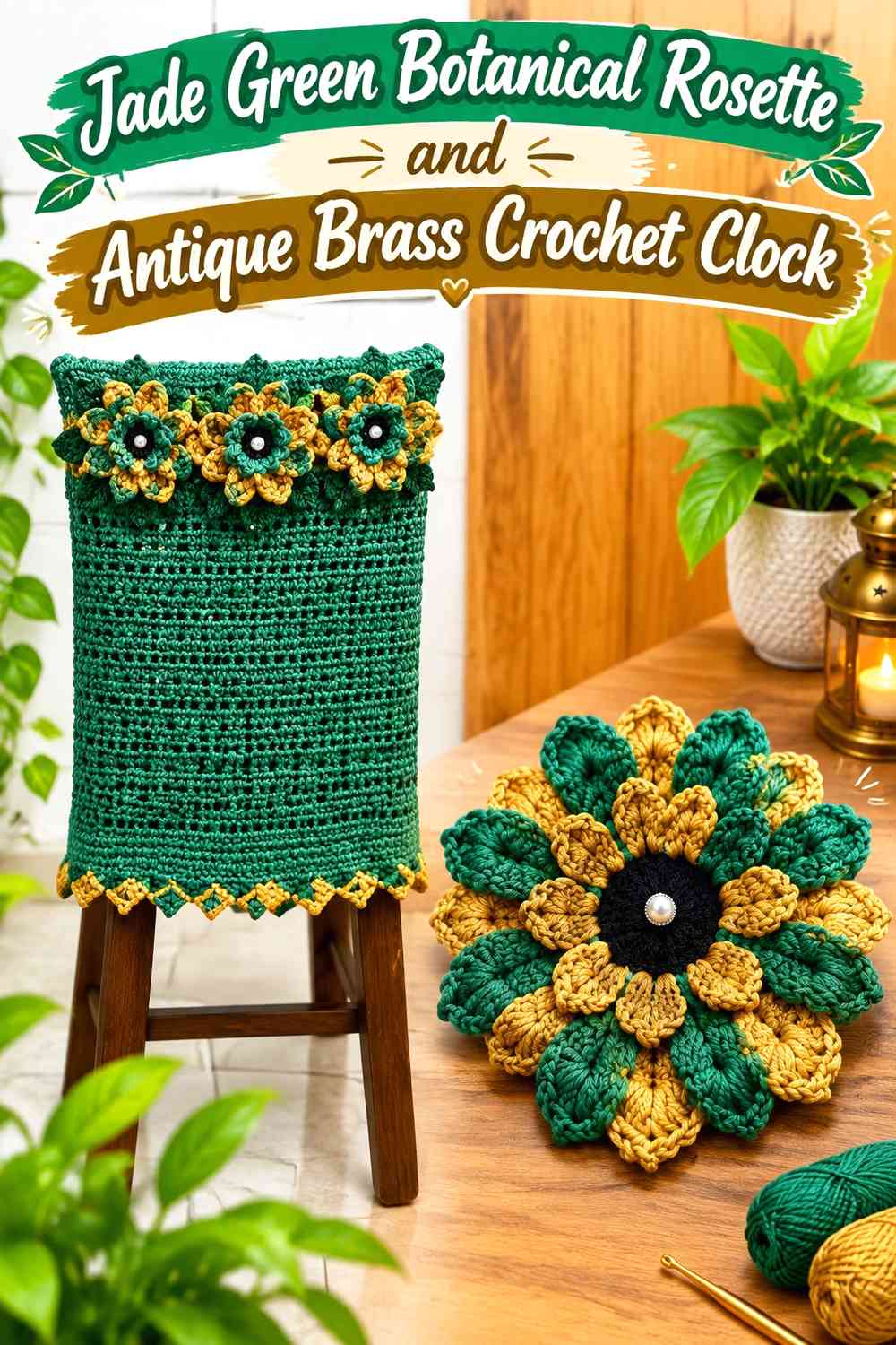 Jade Green Botanical Rosette and Antique Brass Crochet Clock