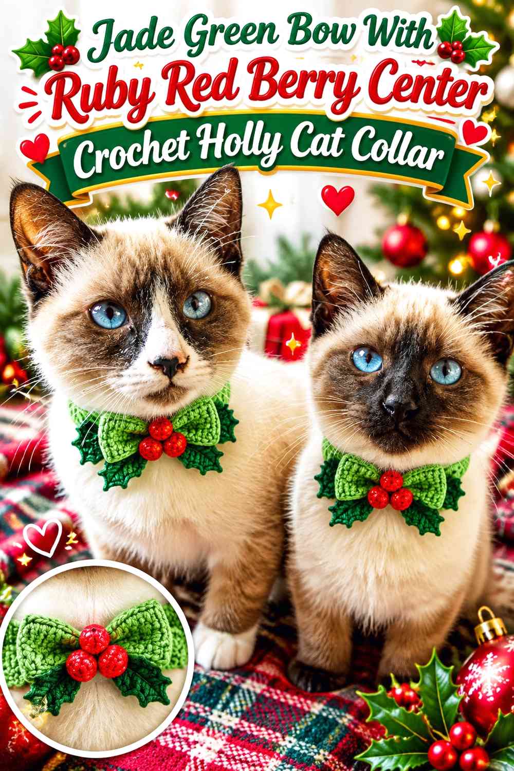 Jade Green Bow With Ruby Red Berry Center Crochet Holly Cat Collar