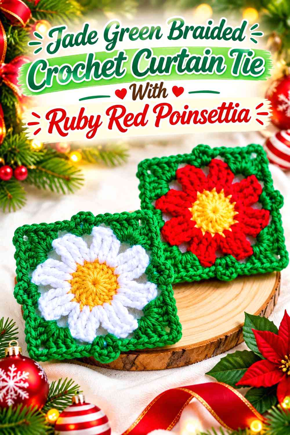 Jade Green Braided Crochet Curtain Tie With Ruby Red Poinsettia