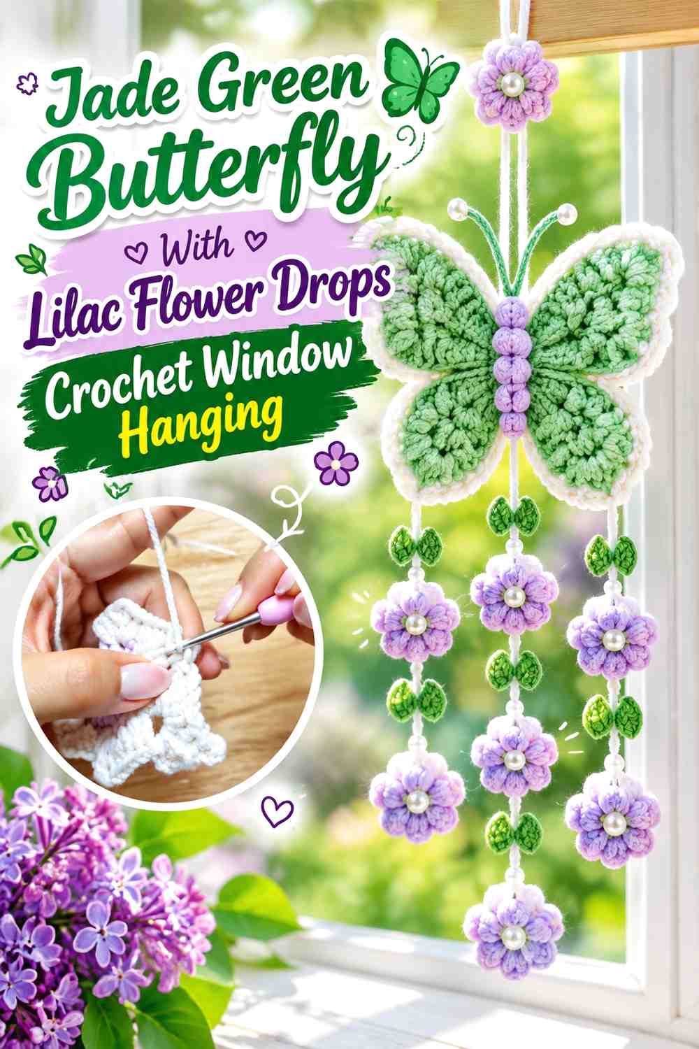 Jade Green Butterfly With Lilac Flower Drops Crochet Window Hanging
