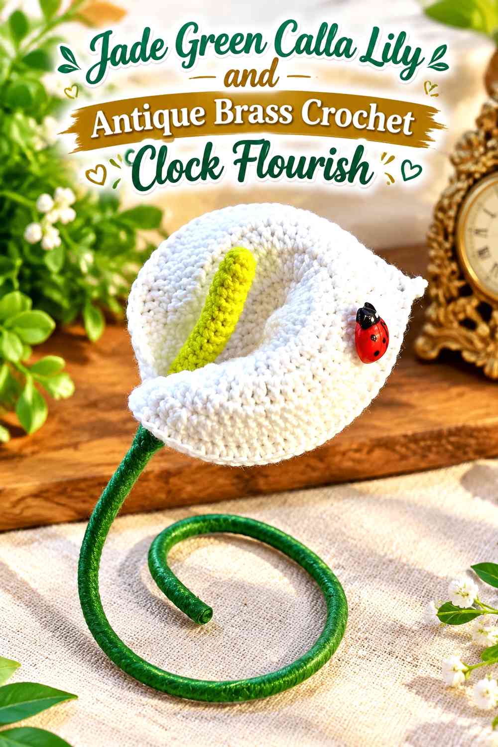 Jade Green Calla Lily and Antique Brass Crochet Clock Flourish