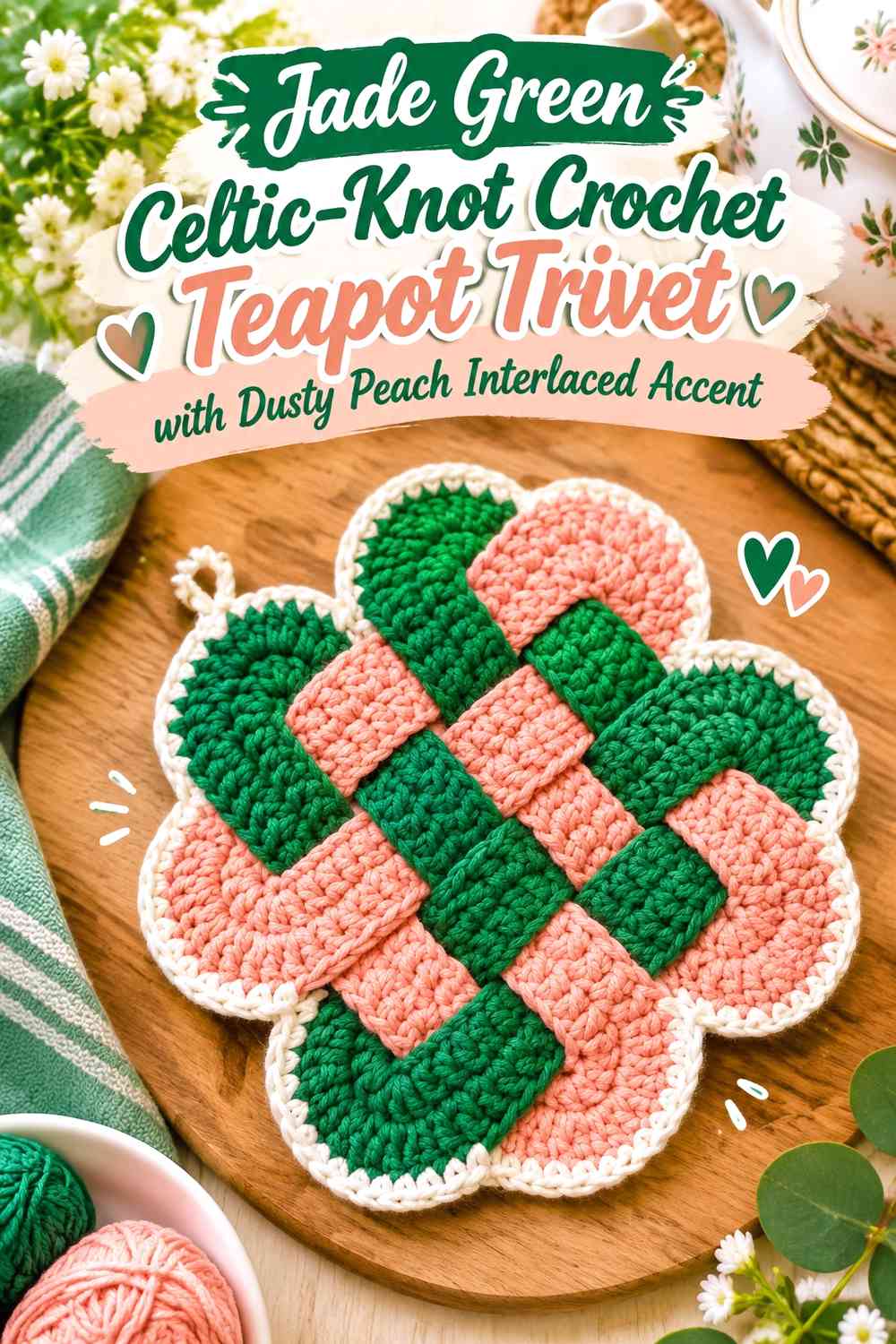 Jade Green Celtic-Knot Crochet Teapot Trivet with Dusty Peach Interlaced Accent