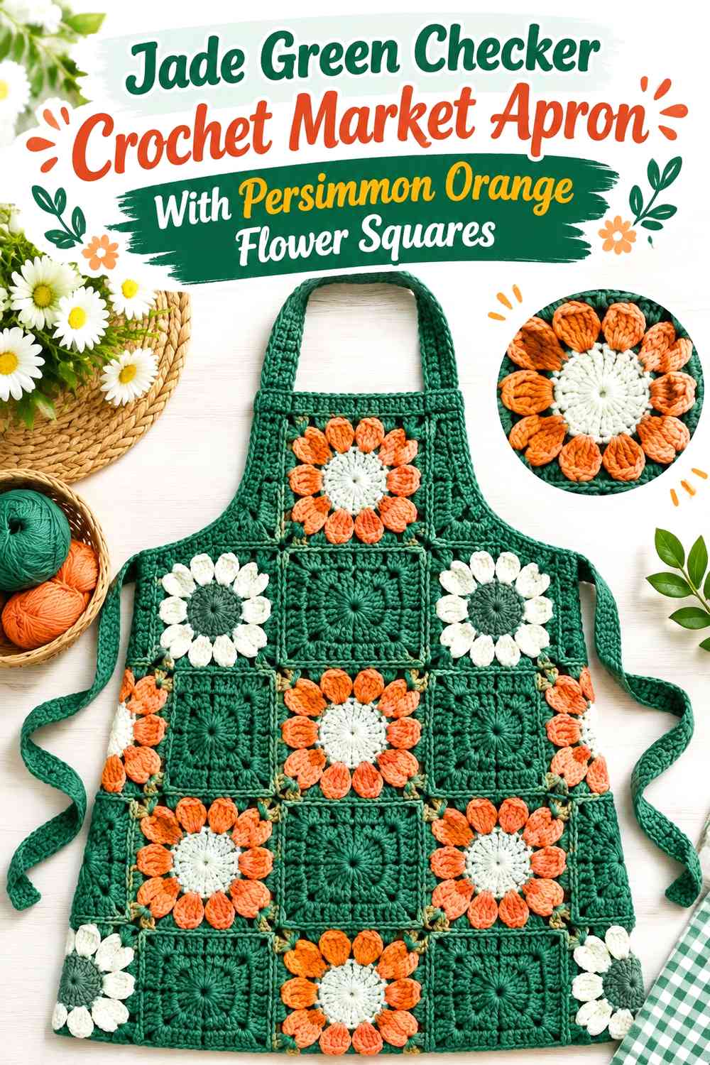 Jade Green Checker Crochet Market Apron With Persimmon Orange Flower Squares