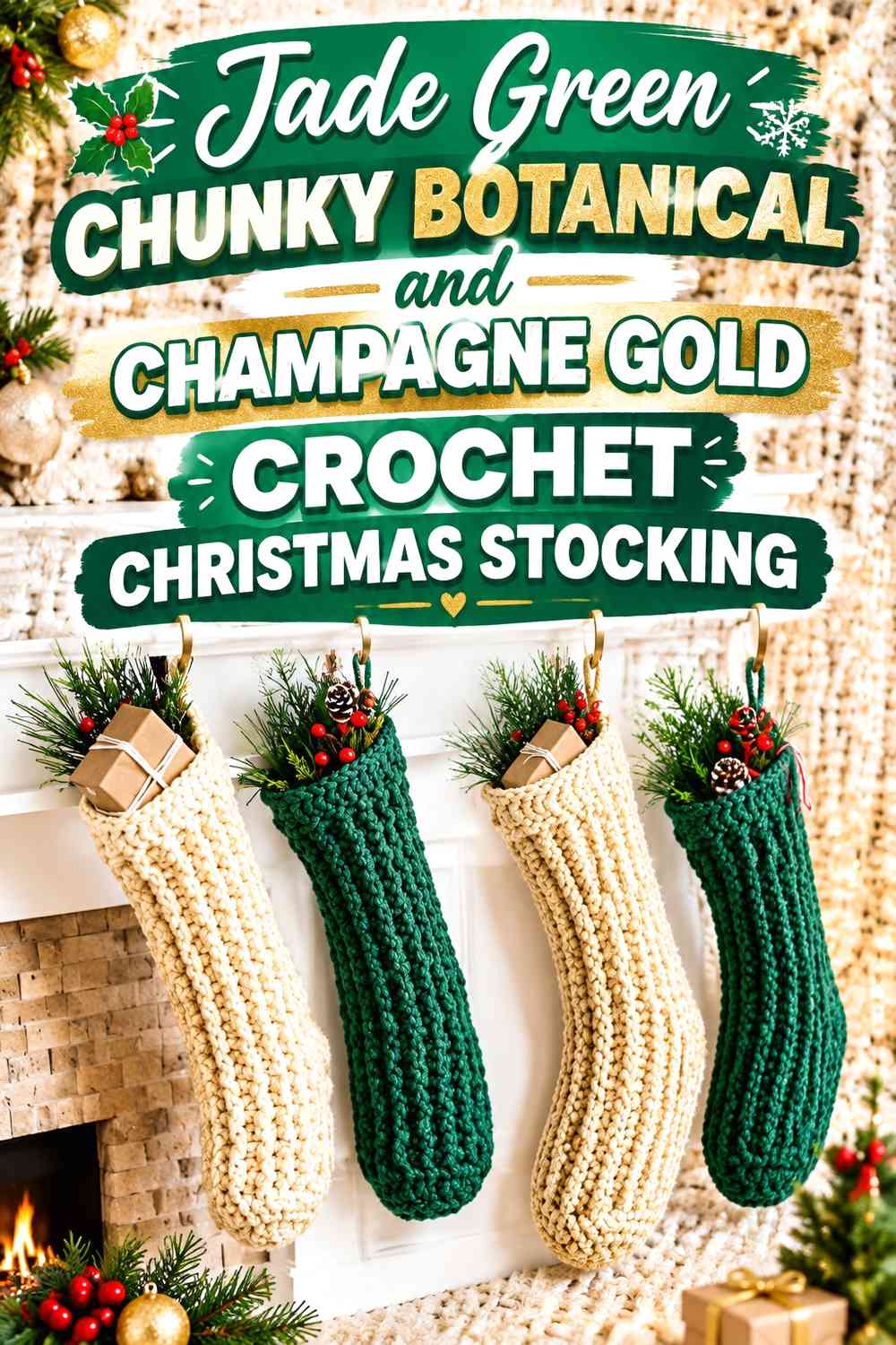 Jade Green Chunky Botanical and Champagne Gold Crochet Christmas Stocking
