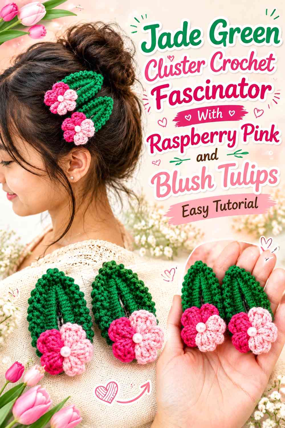 Jade Green Cluster Crochet Fascinator With Raspberry Pink and Blush Tulips