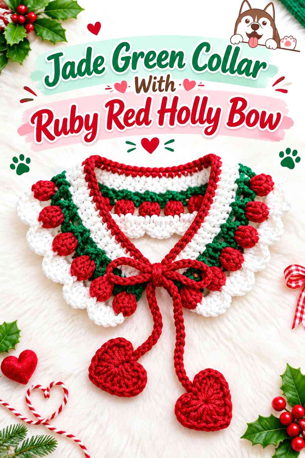 Jade Green Collar With Ruby Red Holly Bow