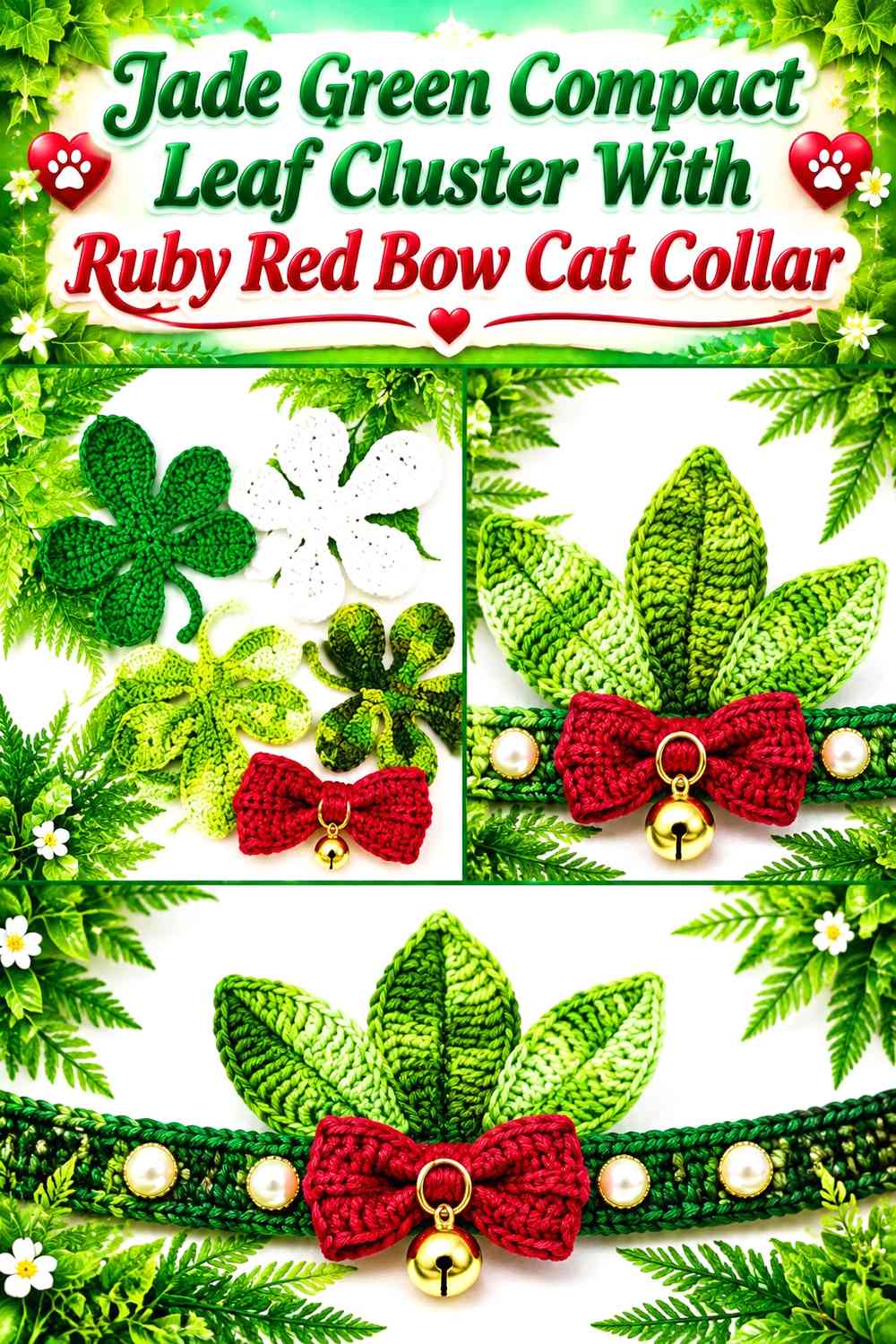 Jade Green Compact Leaf Cluster With Ruby Red Bow Cat Collar