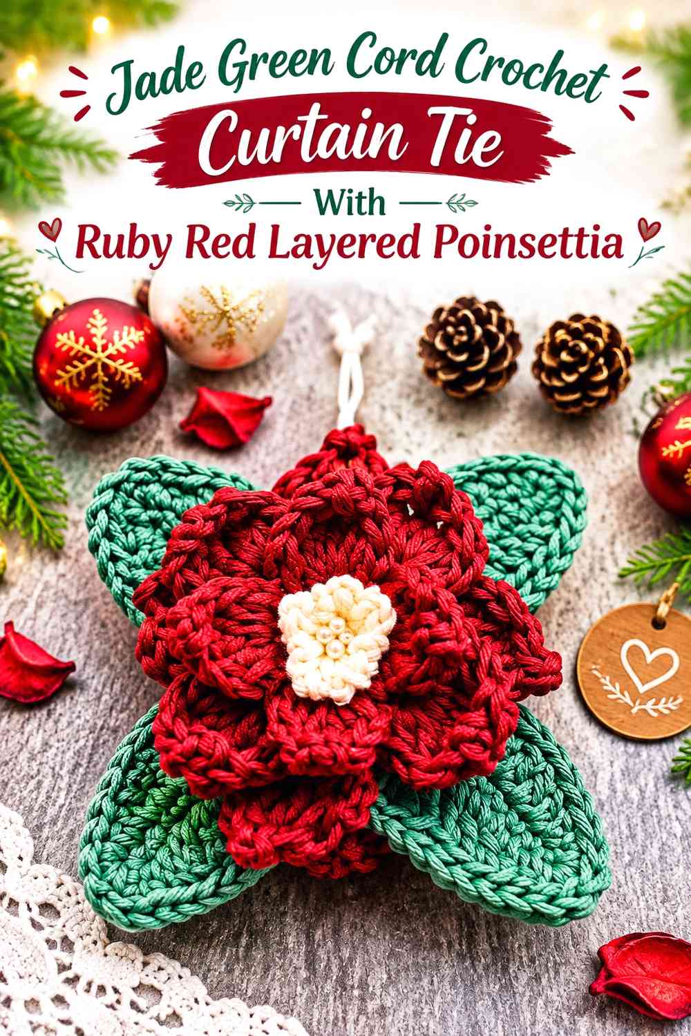 Jade Green Cord Crochet Curtain Tie With Ruby Red Layered Poinsettia
