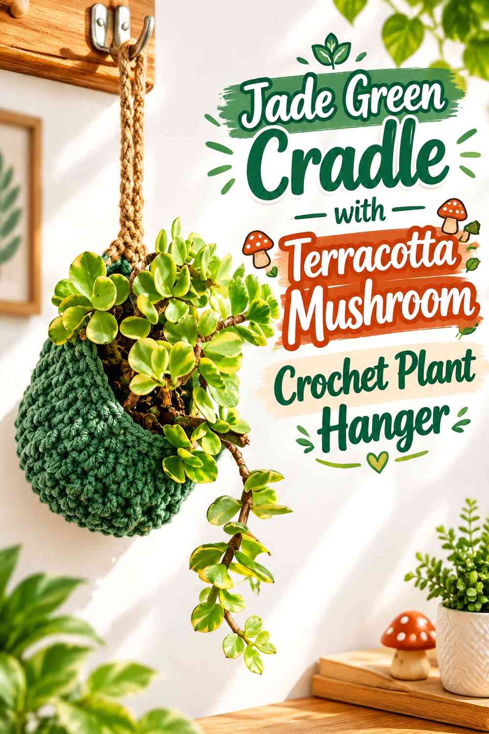 Jade Green Cradle with Terracotta Mushroom Crochet Plant Hanger