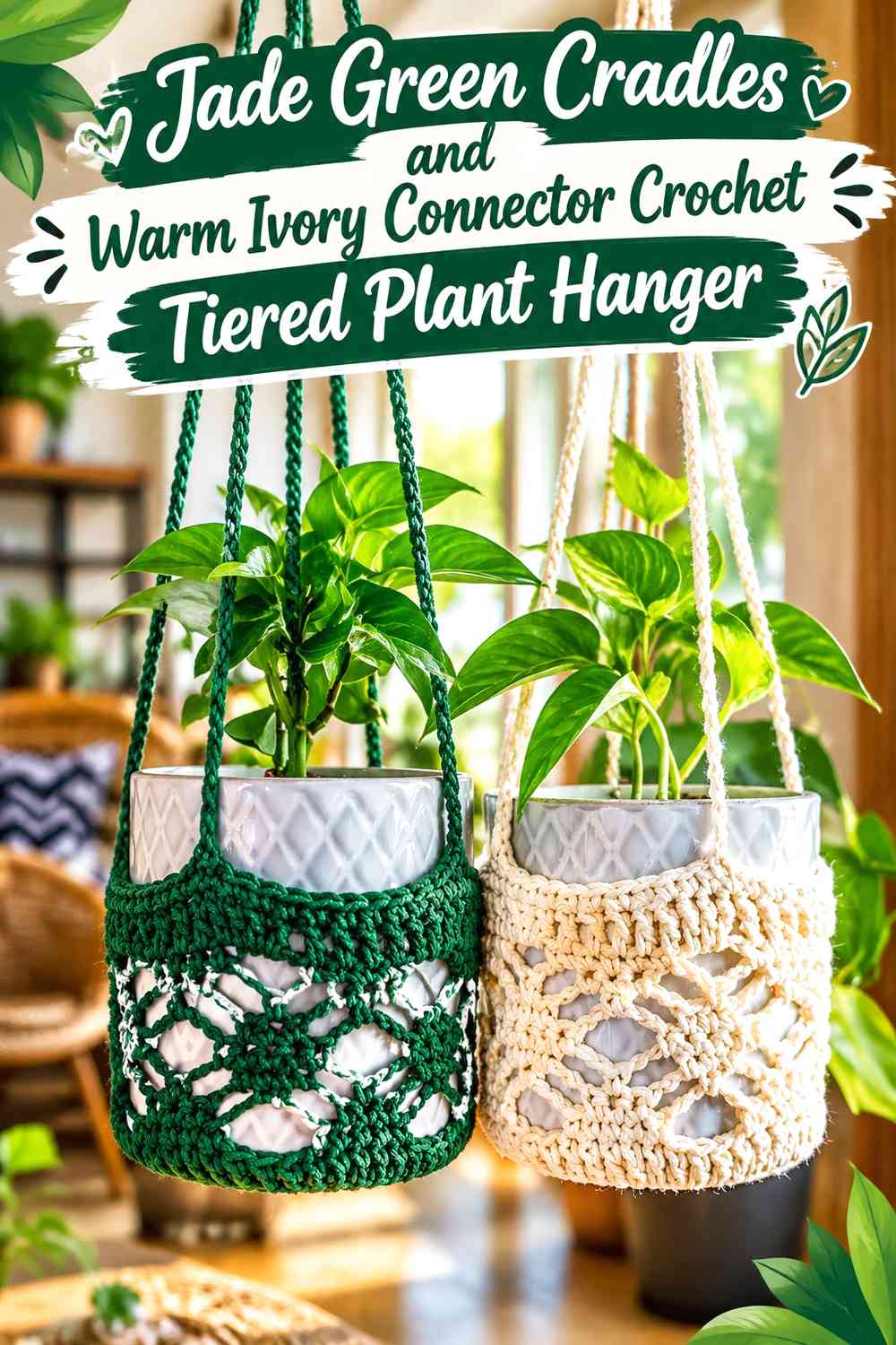Jade Green Cradles and Warm Ivory Connector Crochet Tiered Plant Hanger
