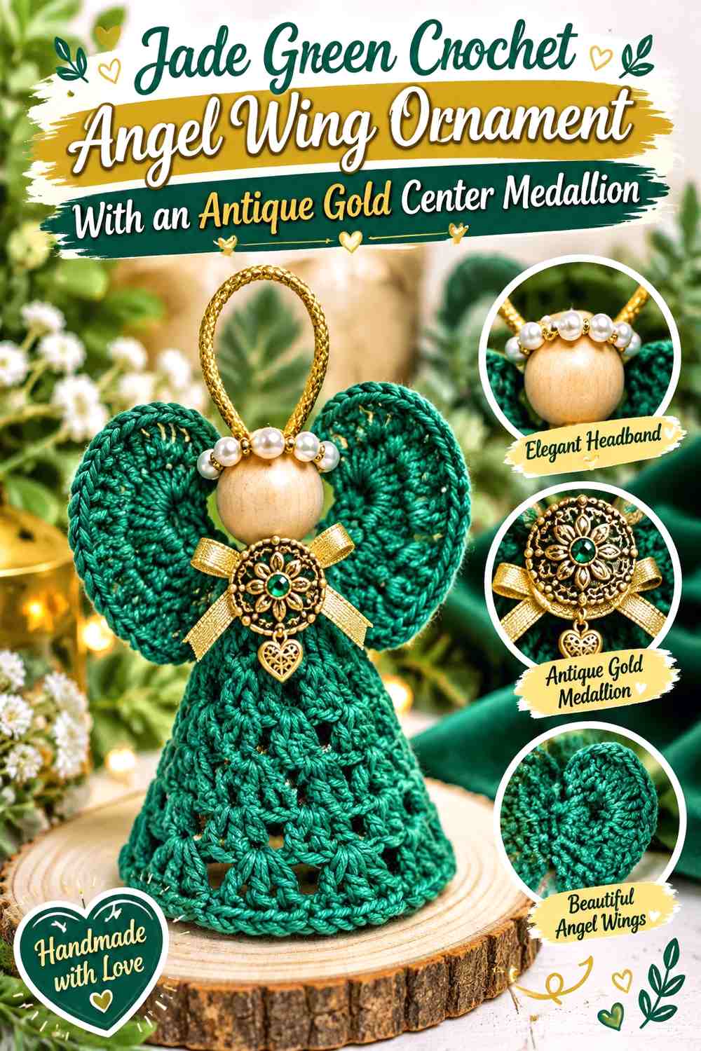 Jade Green Crochet Angel Wing Ornament With an Antique Gold Center Medallion