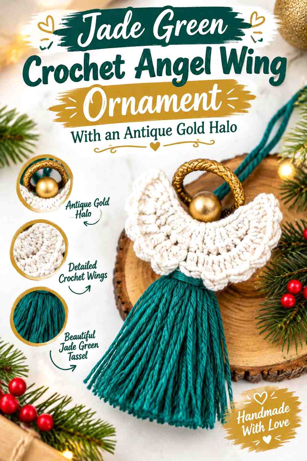 Jade Green Crochet Angel Wing Ornament With an Antique Gold Halo