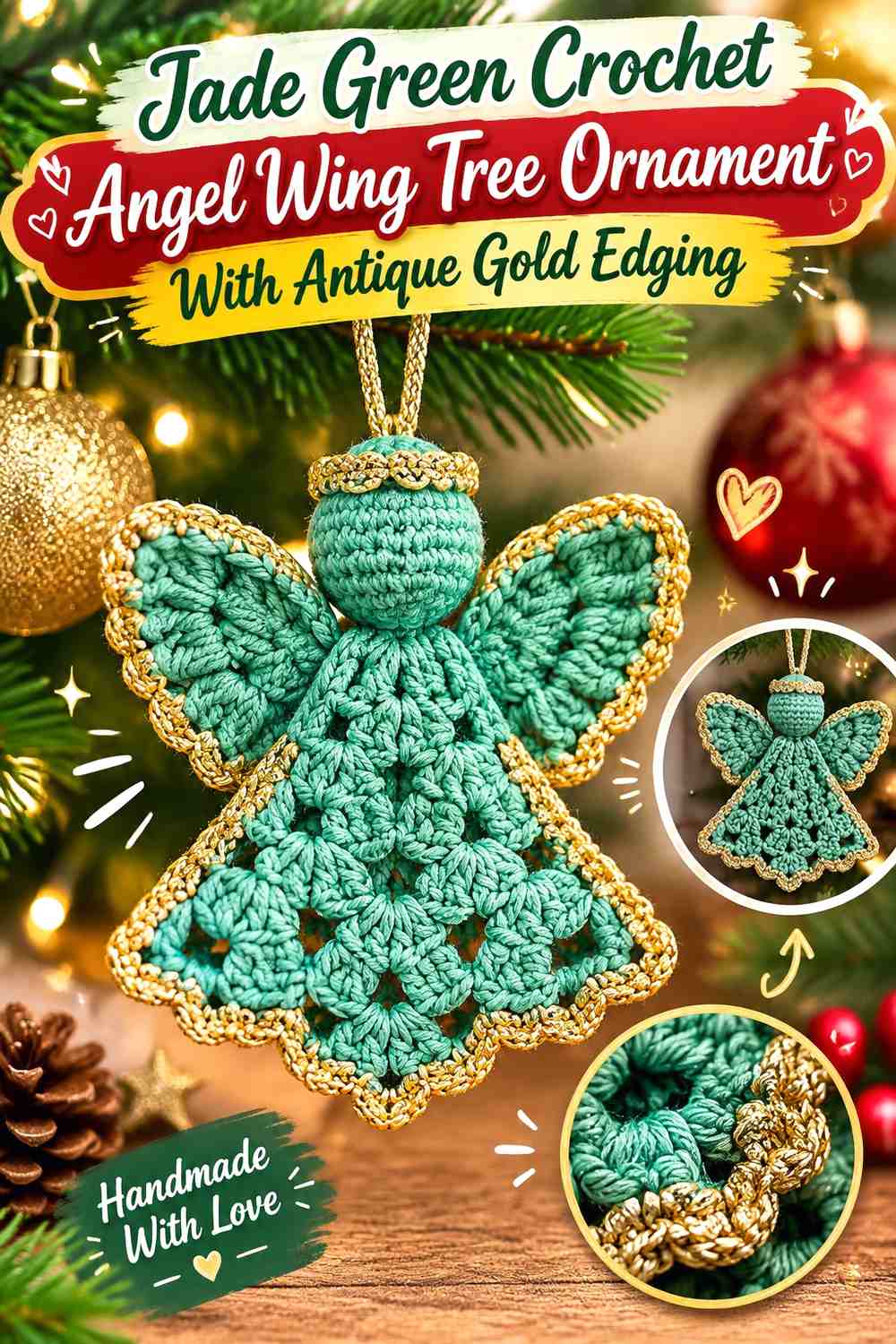 Jade Green Crochet Angel Wing Tree Ornament With Antique Gold Edging