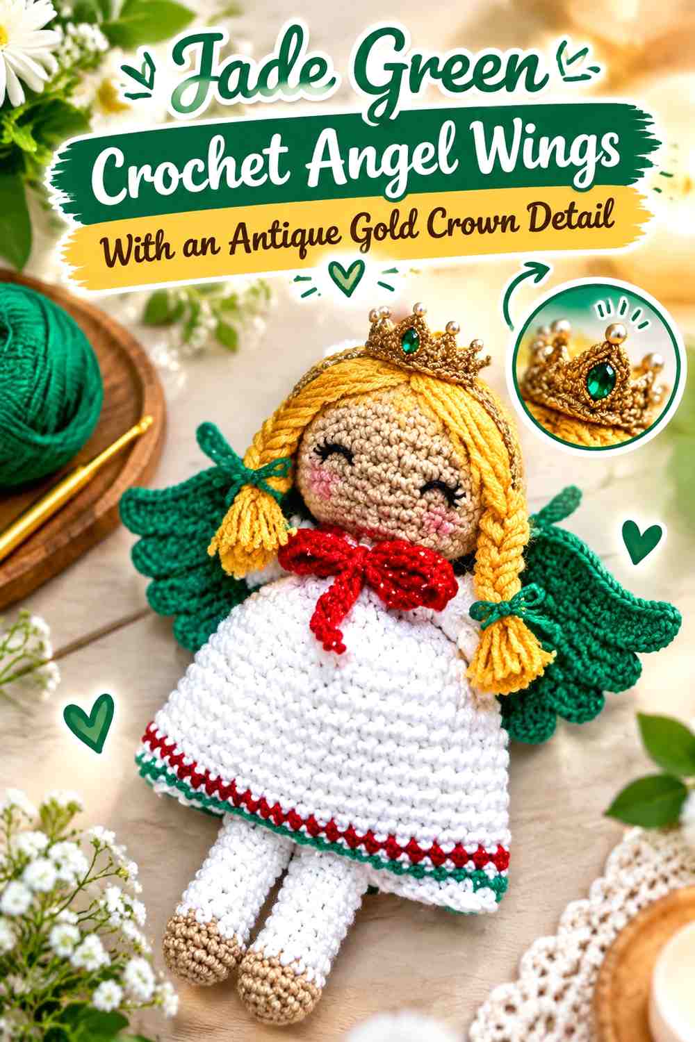 Jade Green Crochet Angel Wings With an Antique Gold Crown Detail
