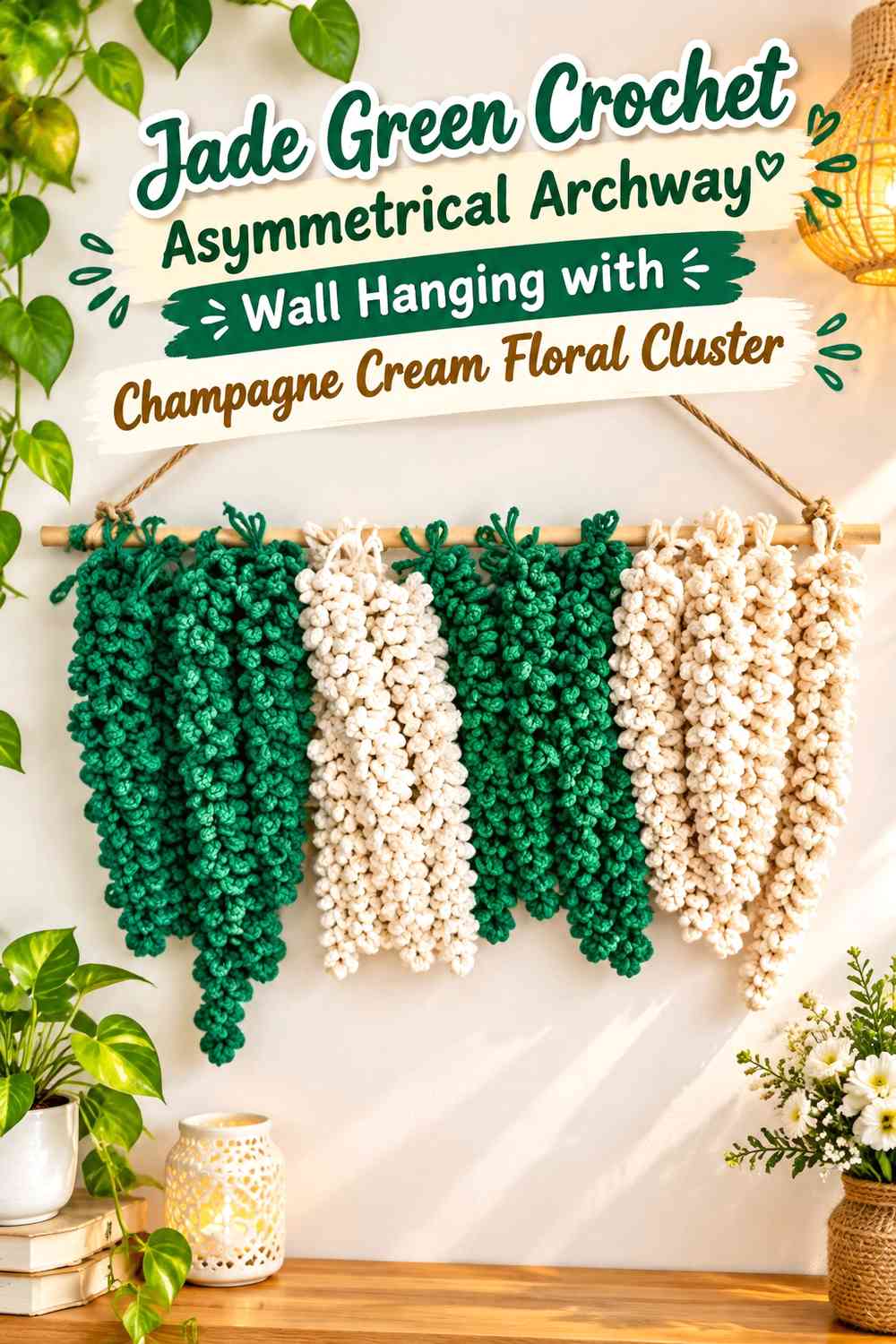 Jade Green Crochet Asymmetrical Archway Wall Hanging with Champagne Cream Floral Cluster