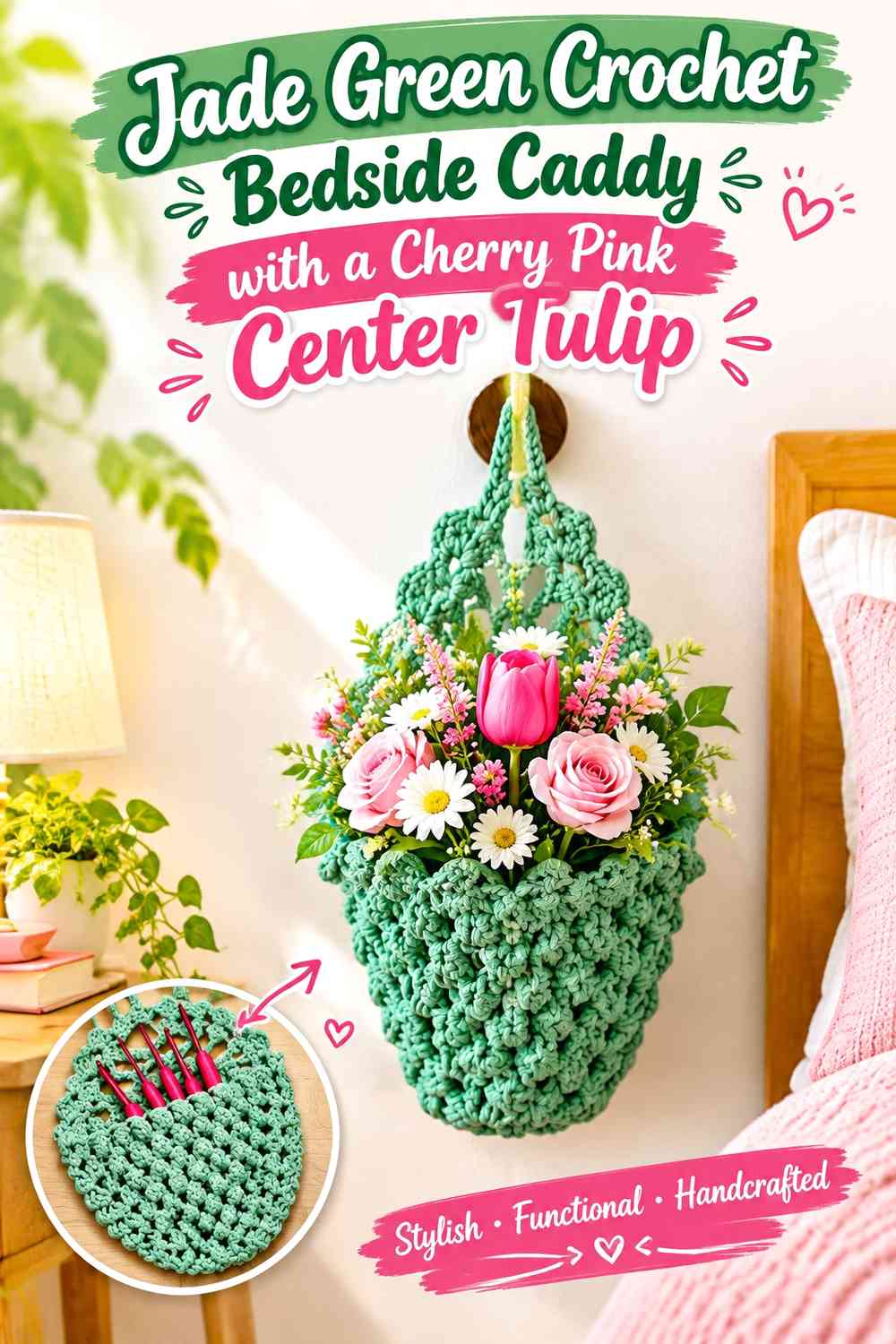 Jade Green Crochet Bedside Caddy with a Cherry Pink Center Tulip