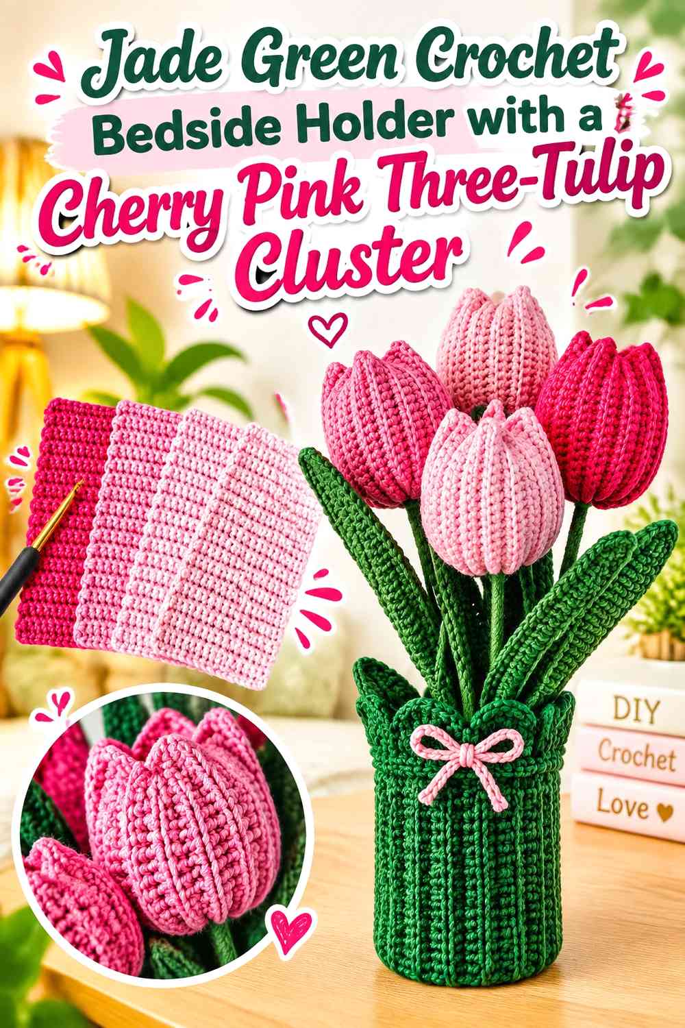 Jade Green Crochet Bedside Holder with a Cherry Pink Three-Tulip Cluster
