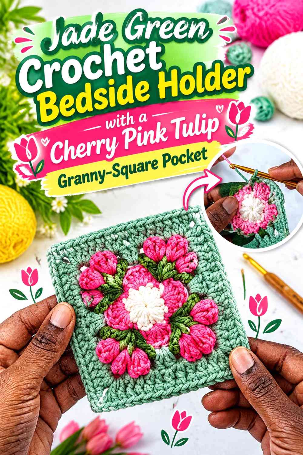 Jade Green Crochet Bedside Holder with a Cherry Pink Tulip Granny-Square Pocket