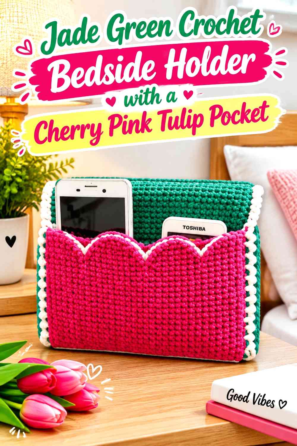 Jade Green Crochet Bedside Holder with a Cherry Pink Tulip Pocket