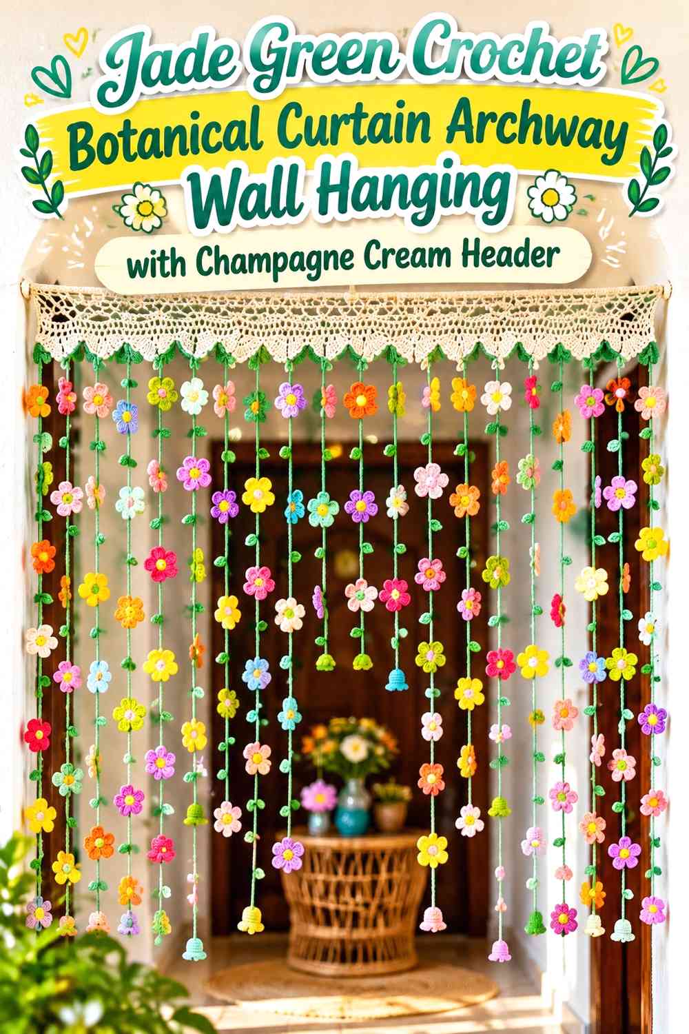 Jade Green Crochet Botanical Curtain Archway Wall Hanging with Champagne Cream Header