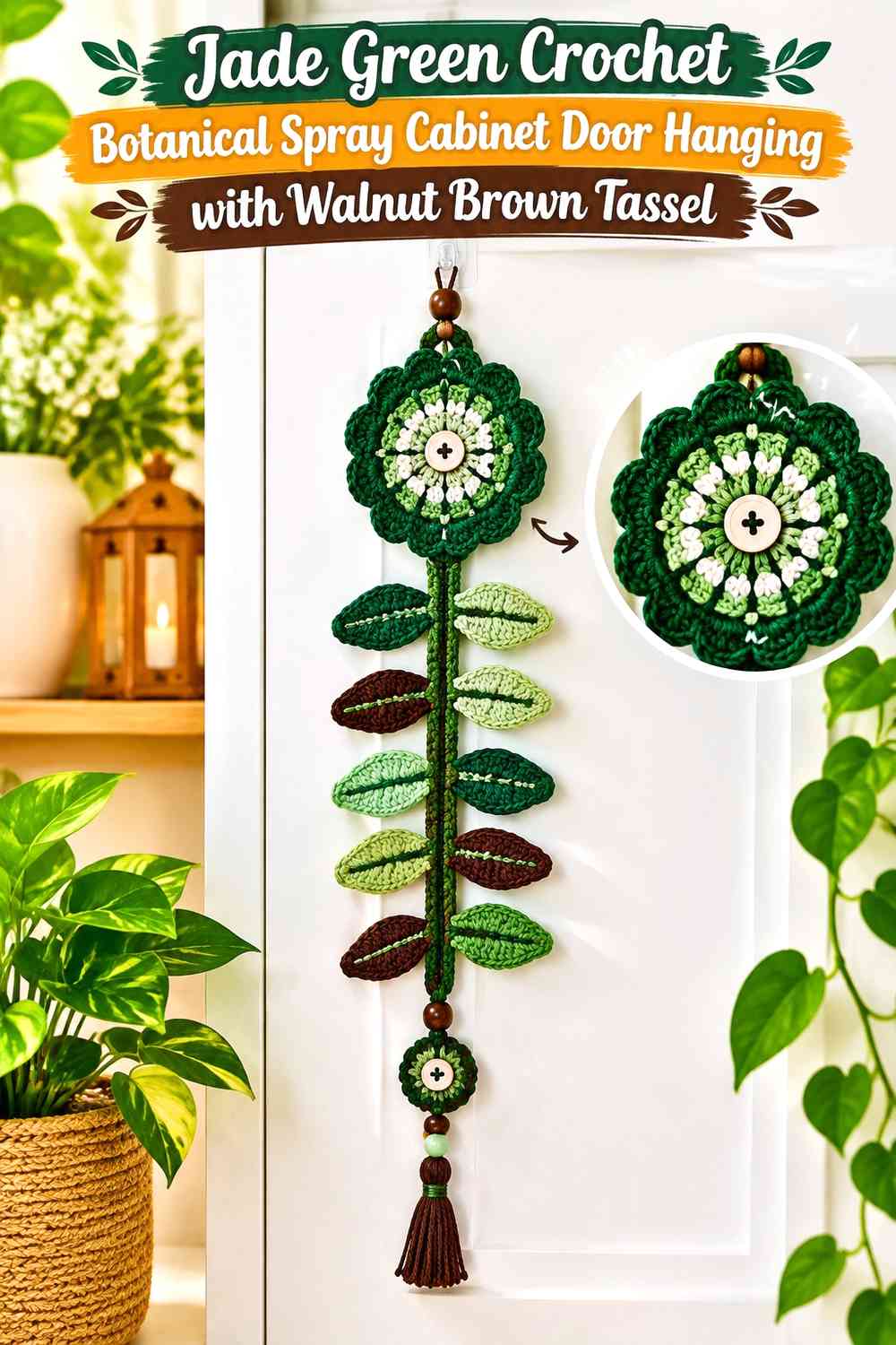 Jade Green Crochet Botanical Spray Cabinet Door Hanging with Walnut Brown Tassel