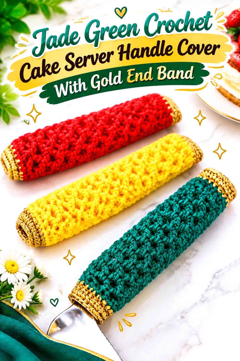 Jade Green Crochet Cake Server Handle Cover With Gold End Band