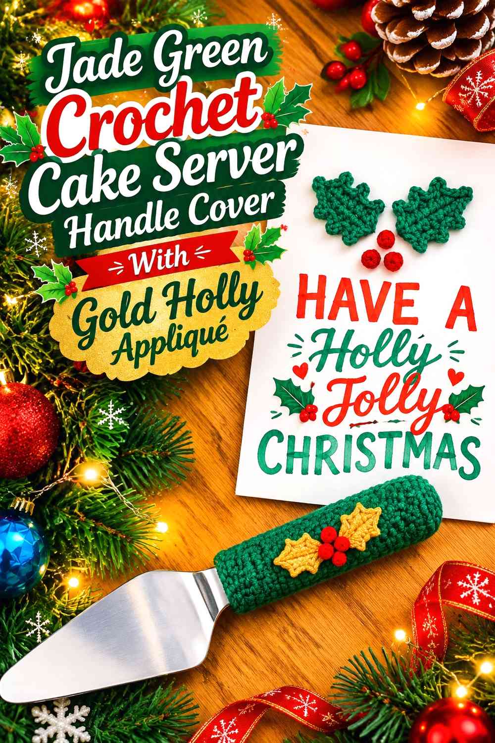 Jade Green Crochet Cake Server Handle Cover With Gold Holly Appliqué